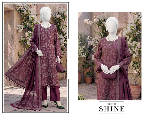 Al Boutique Centre | Unstitched Printed 3Pc Dhanak | Plum Maroon