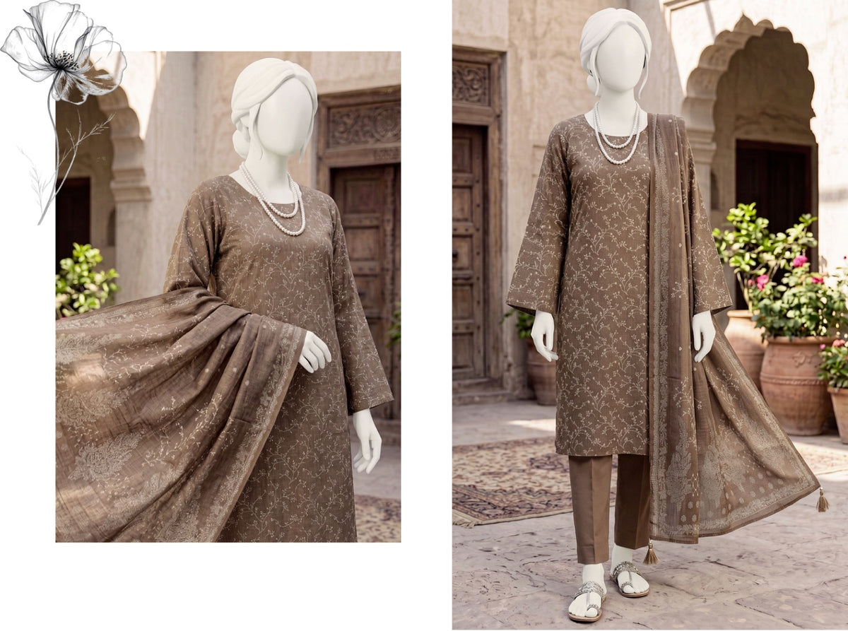 Al Boutique Centre | Unstitched Printed 3Pc Dhanak | Taupe Brown