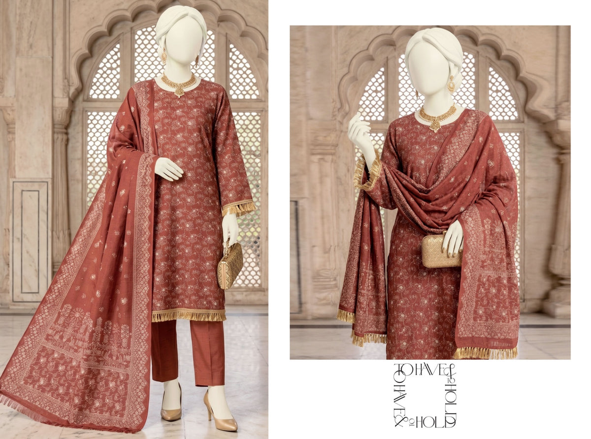 Al Boutique Centre | Unstitched Printed 3Pc Dhanak | Rust Red