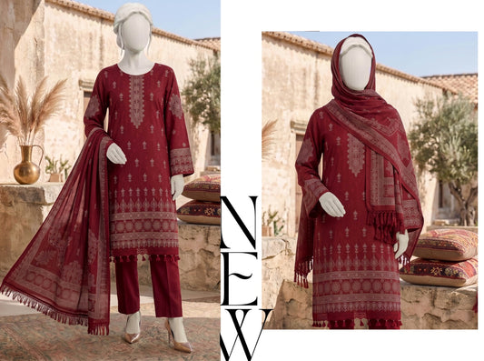 Al Boutique Centre | Dhanak Jaquard Zari Printed Unstitched 3Pc – Maroon