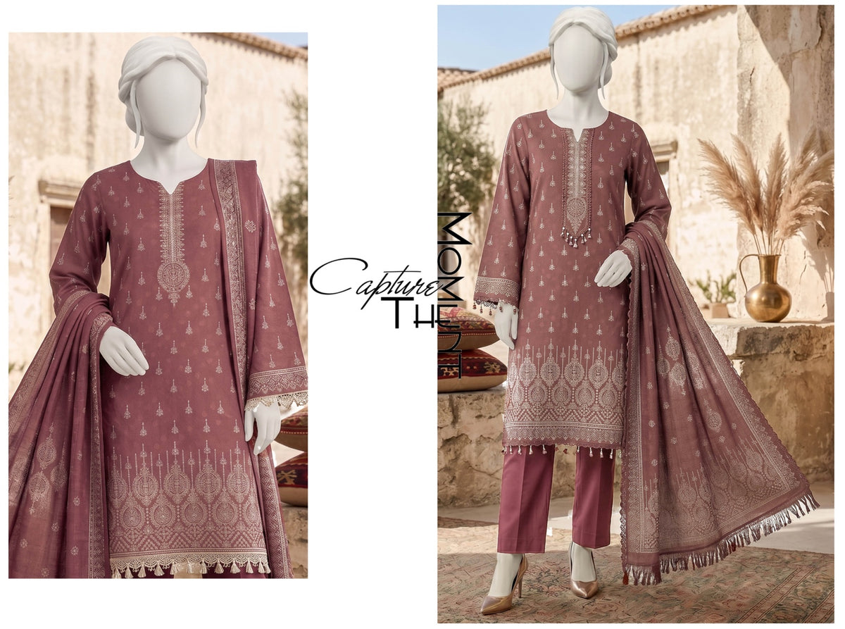 Al Boutique Centre | Dhanak Jaquard Zari Printed Unstitched 3Pc – Dusty Rose