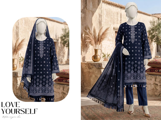 Al Boutique Centre | Dhanak Jaquard Zari Printed Unstitched 3Pc – Navy Blue