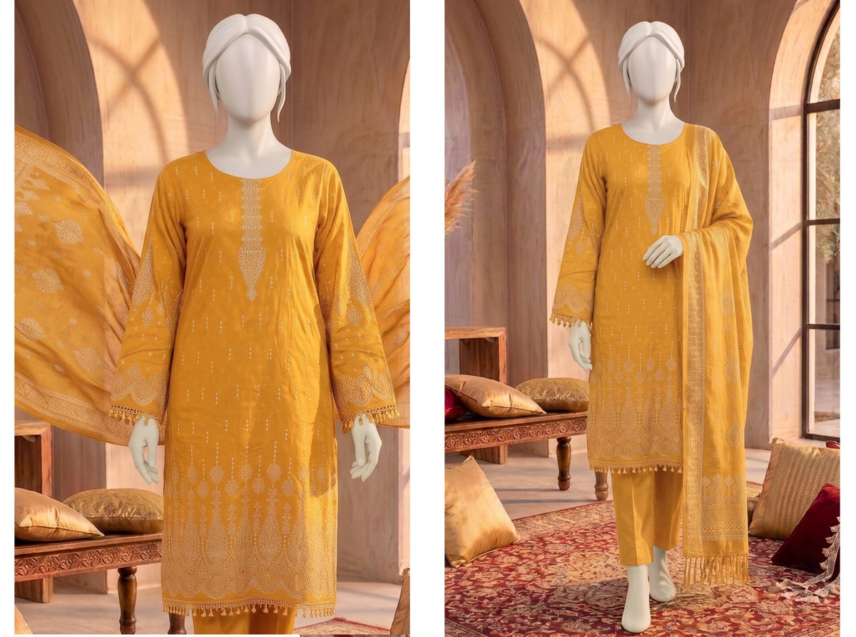 Al Boutique Centre | Dhanak Jaquard Zari Printed Unstitched 3Pc – Mustard