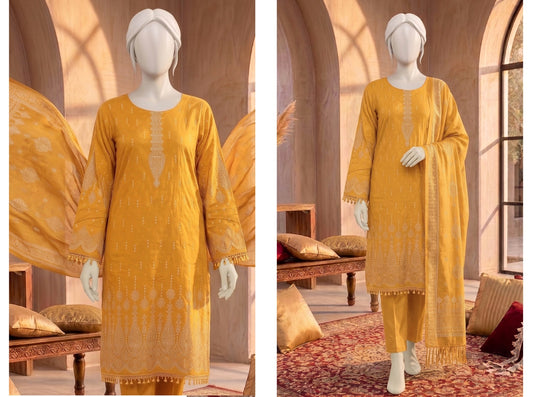 Al Boutique Centre | Dhanak Jaquard Zari Printed Unstitched 3Pc – Mustard