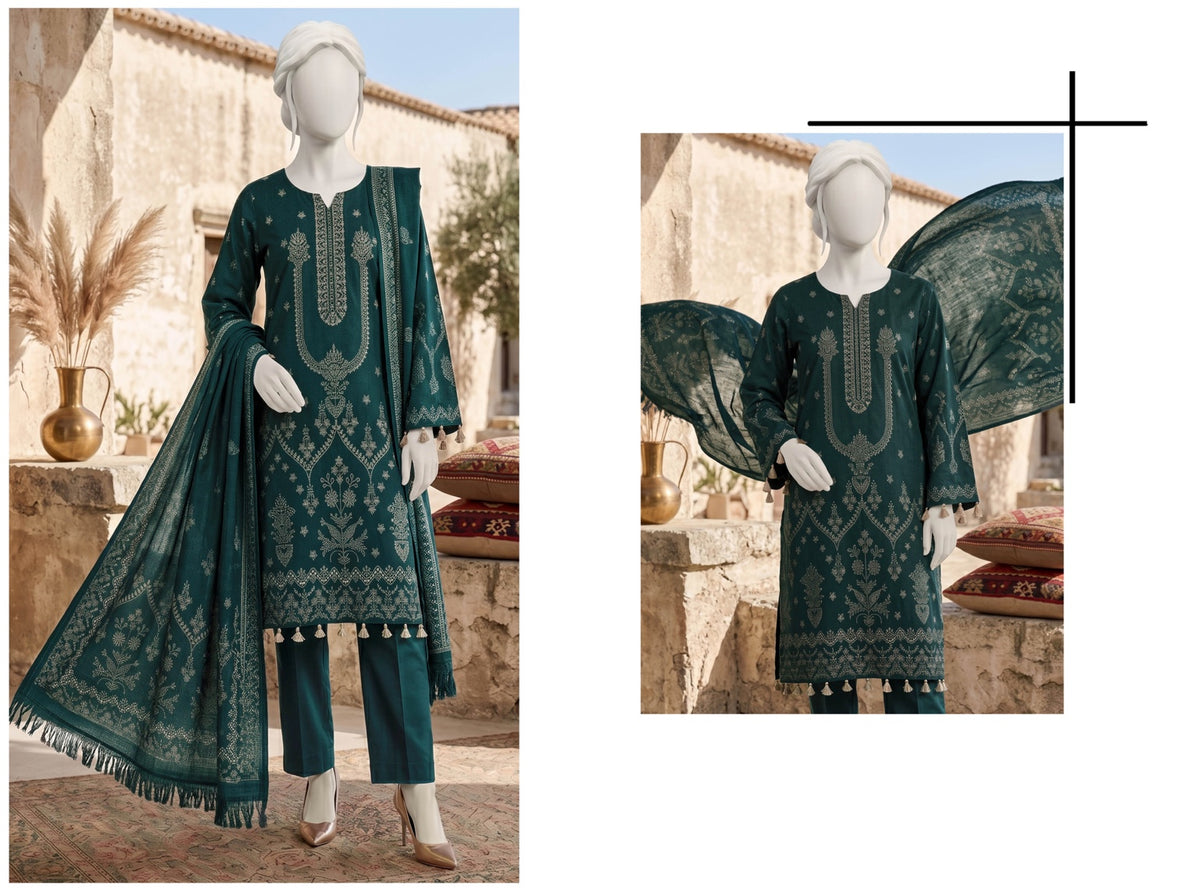 Al Boutique Centre | Dhanak Jaquard Zari Printed Unstitched 3Pc – Deep Teal