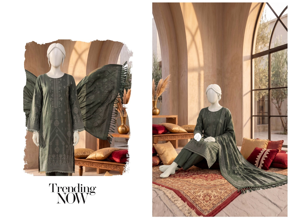 Al Boutique Centre | Dhanak Jaquard Zari Printed Unstitched 3Pc – Olive Green