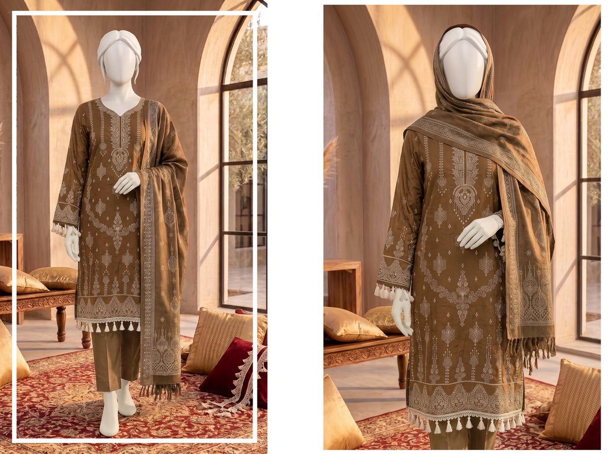 Al Boutique Centre | Dhanak Jaquard Zari Printed Unstitched 3Pc – Mocha Brown