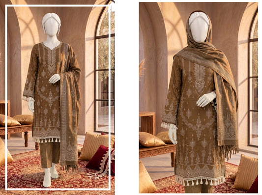 Al Boutique Centre | Dhanak Jaquard Zari Printed Unstitched 3Pc – Mocha Brown