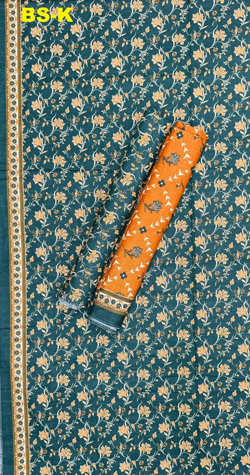 Teal floral printed khaddar with orange coordinating fabric