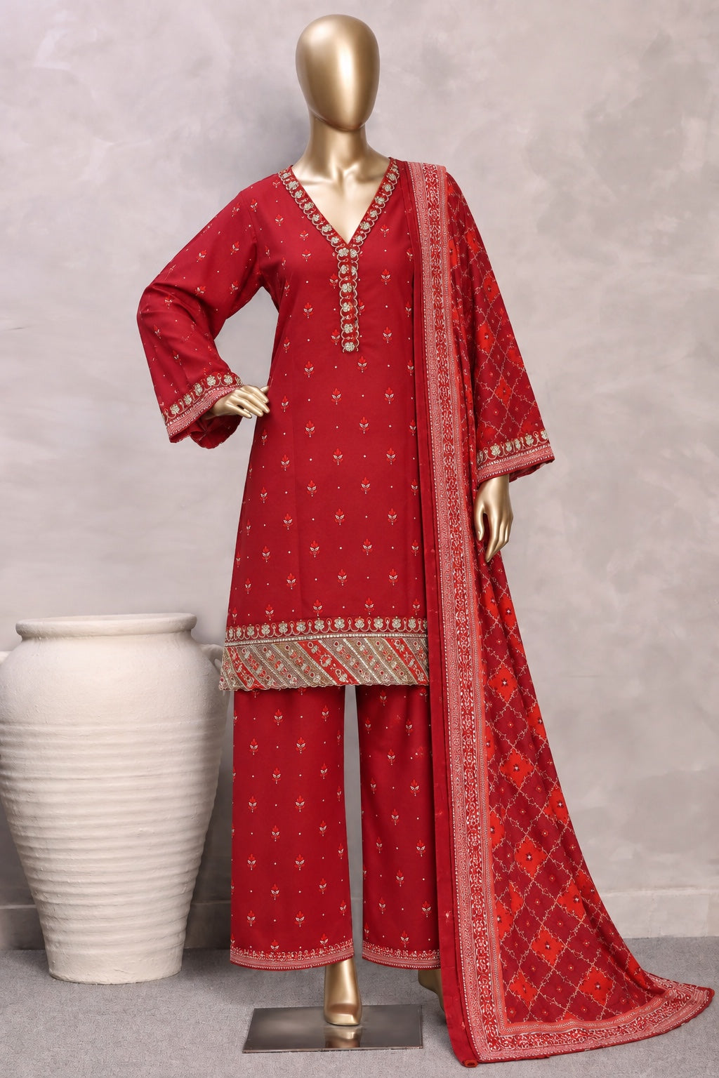 Bin Saeed Stitched Embroidered Karandi Viscose Red
