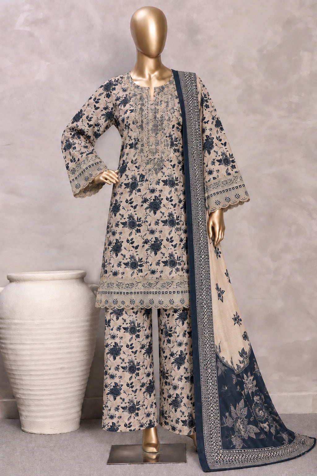 Bin Saeed Stitched Embroidered Karandi Viscose Navy & Beige