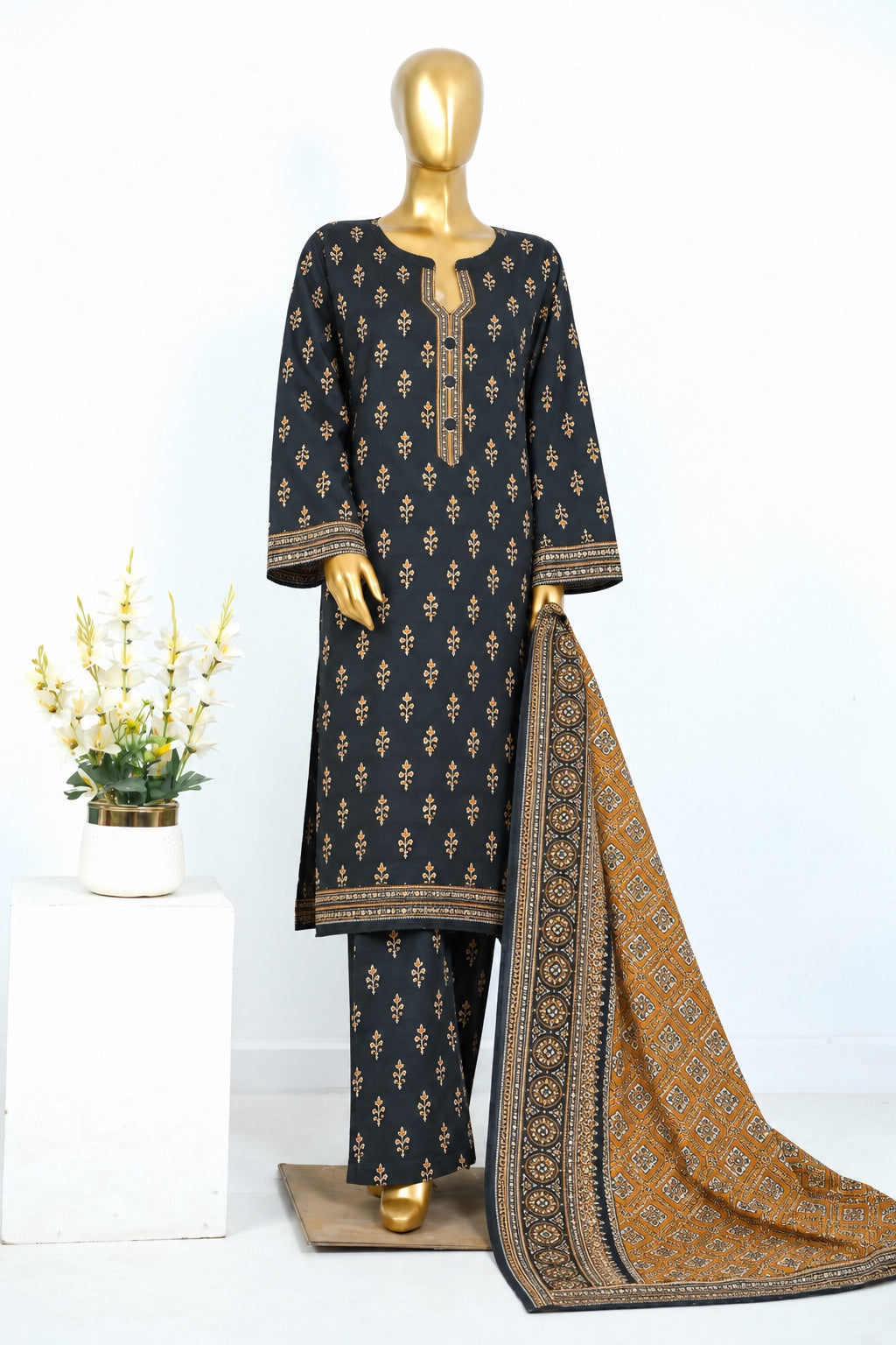 Bin Saeed stitched 3-piece printed Khaddar suit in black and mustard colorway