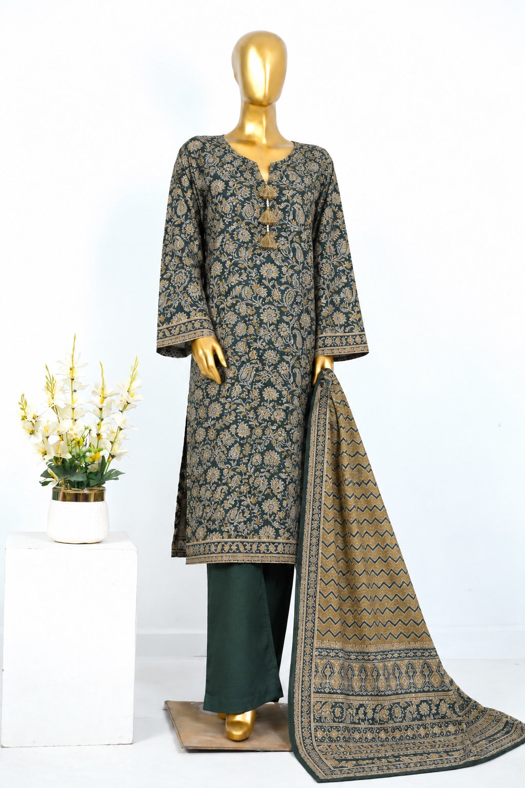 Charcoal Gold Bin Saeed stitched 3-piece printed khaddar suit with shirt, trouser and dupatta