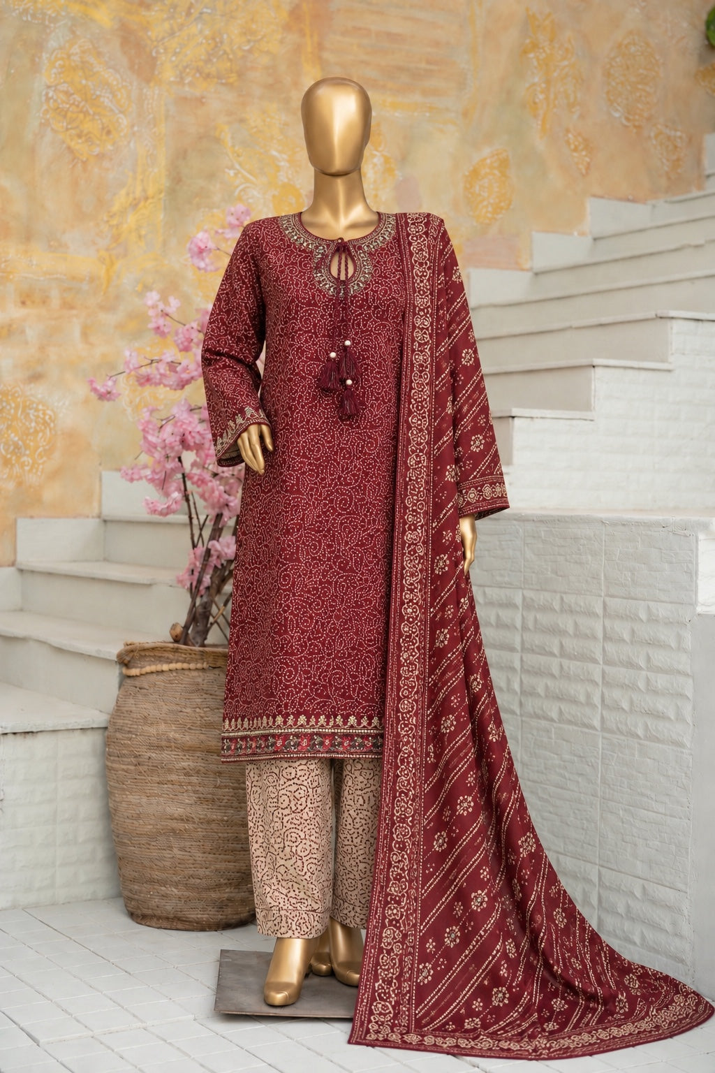 BIN SAEED maroon embroidered Khaddar stitched 3-piece winter suit with matching dupatta