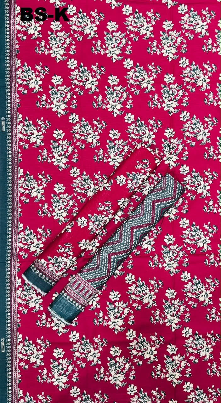 Fuchsia Pink Bin Saeed Unstitched 3Pc Printed Khaddar