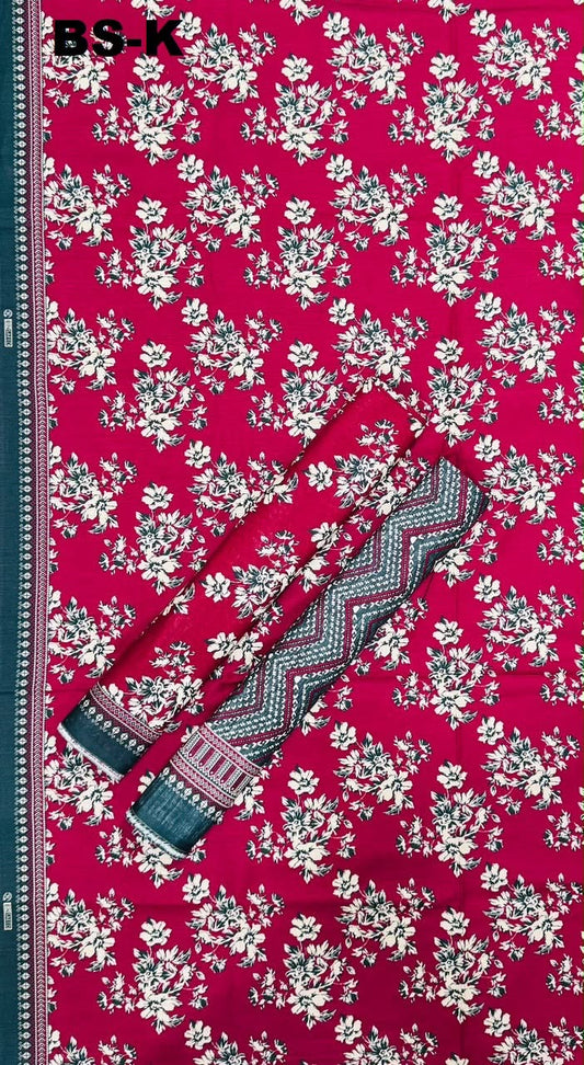 Fuchsia Pink Bin Saeed Unstitched 3Pc Printed Khaddar