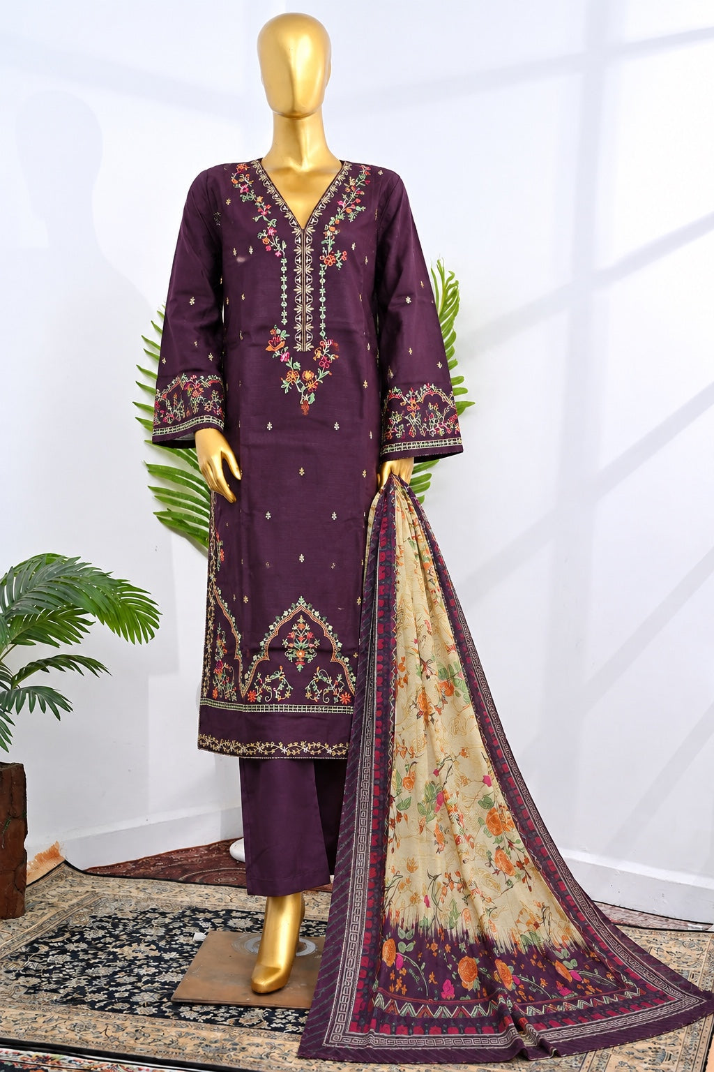 BIN SAEED Purple stitched 3 piece embroidered Khaddar suit