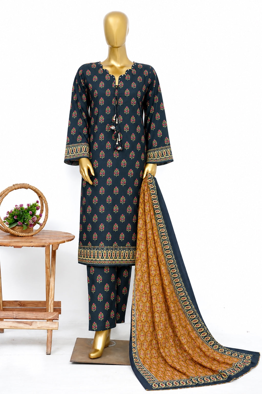 Bin Saeed navy printed khaddar 3-piece stitched suit with mustard printed dupatta