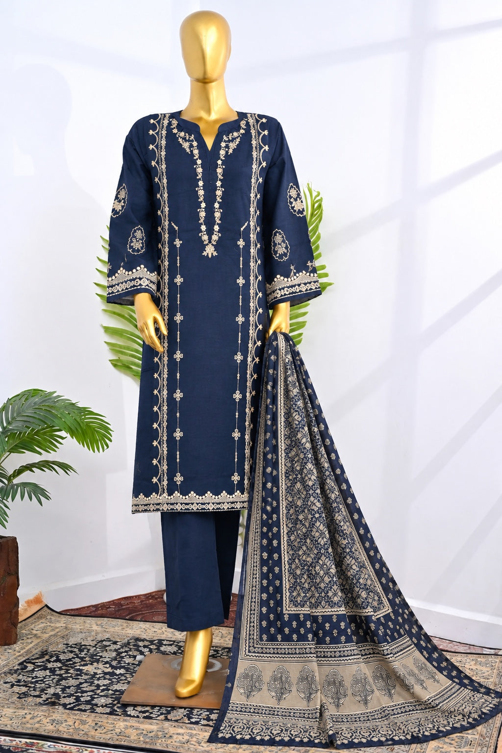 BIN SAEED Navy Blue stitched 3 piece embroidered Khaddar suit