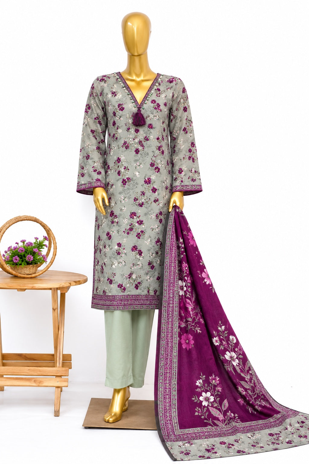 Bin Saeed sage grey printed khaddar 3-piece stitched suit with magenta floral dupatta