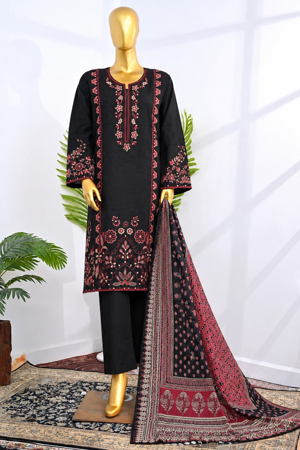 BIN SAEED Black stitched 3 piece embroidered Khaddar suit