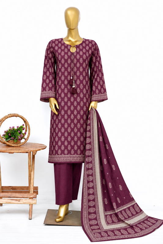 Bin Saeed plum printed khaddar 3-piece stitched suit