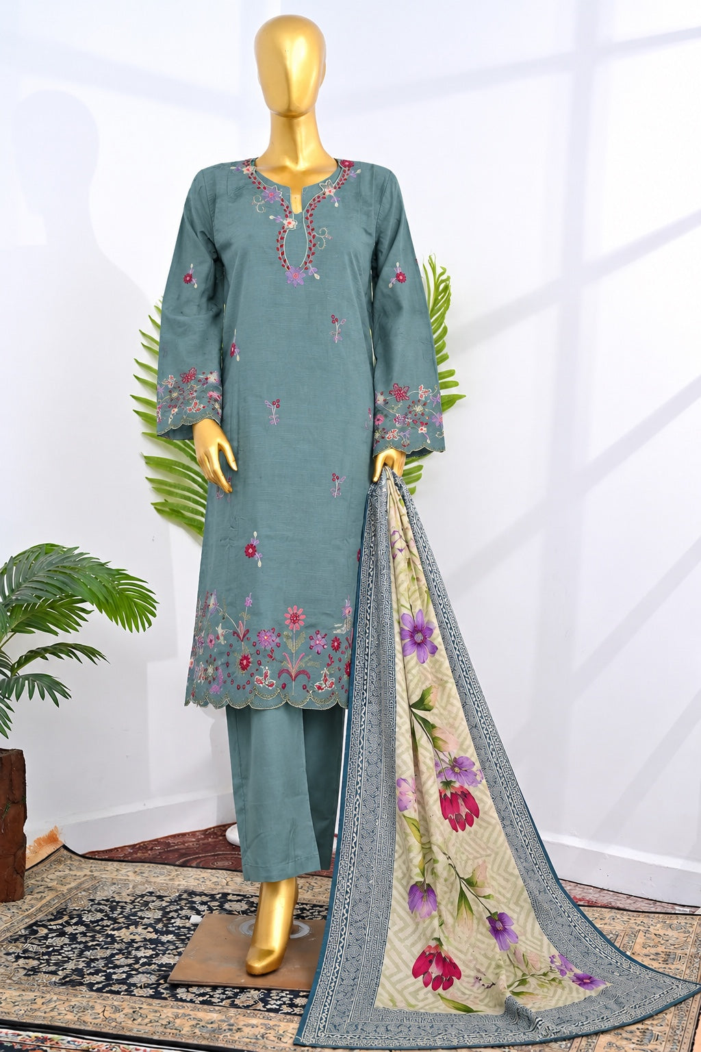 BIN SAEED Sage Green stitched 3 piece embroidered Khaddar suit