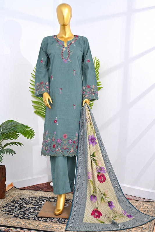 BIN SAEED | Stitched 3 Pc Embroidered Khaddar — Sage Green | Premium Winter Dress - BarerahFabrics