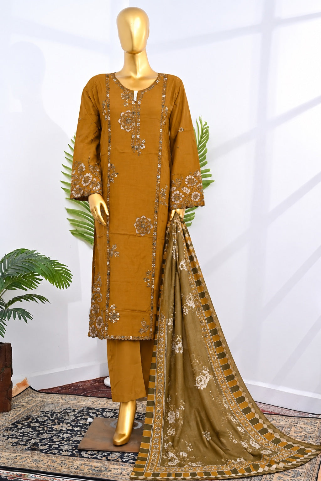 BIN SAEED Mustard stitched 3 piece embroidered Khaddar suit