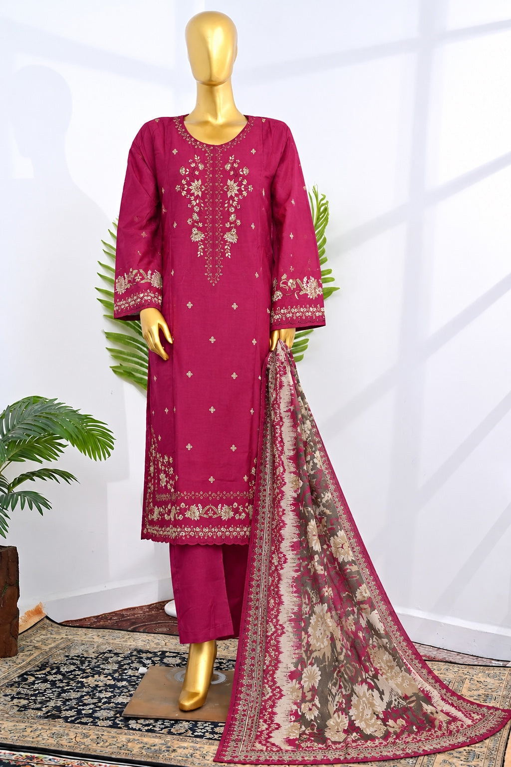 BIN SAEED Magenta stitched 3 piece embroidered Khaddar suit