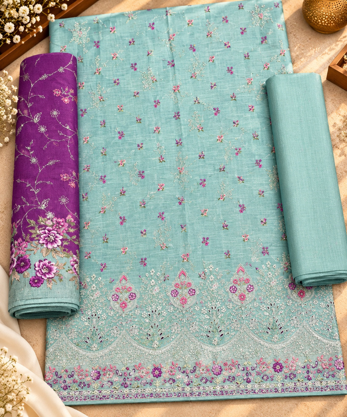 Bin Saeed embroidered 3-piece Khaddar suit in aqua with purple dupatta
