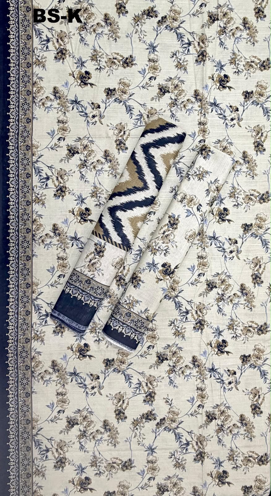 Bin Saeed ivory and navy floral Khaddar