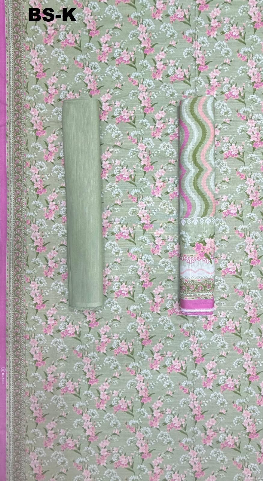 Bin Saeed sage green and pink Khaddar
