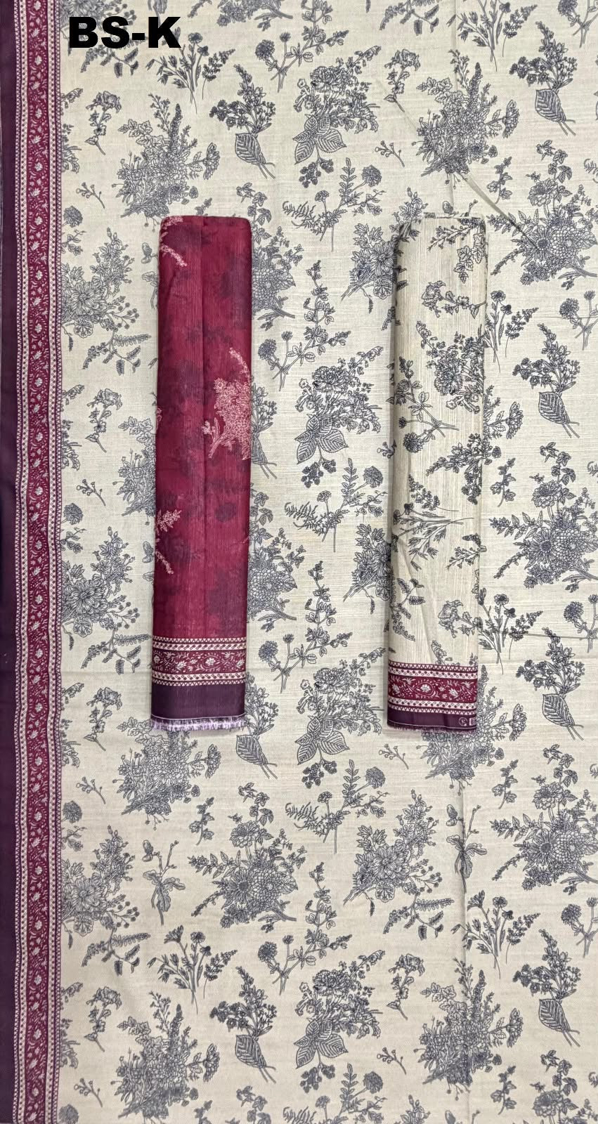 Bin Saeed ivory and maroon floral Khaddar