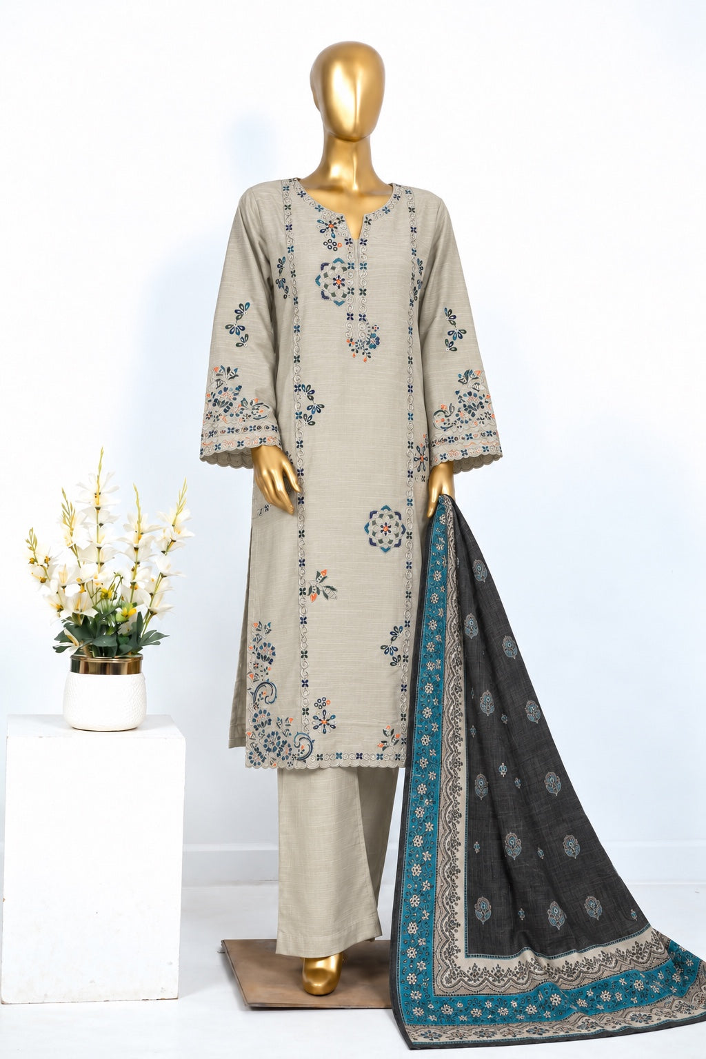 BIN SAEED stitched 3 piece embroidered Khaddar - Beige & Teal