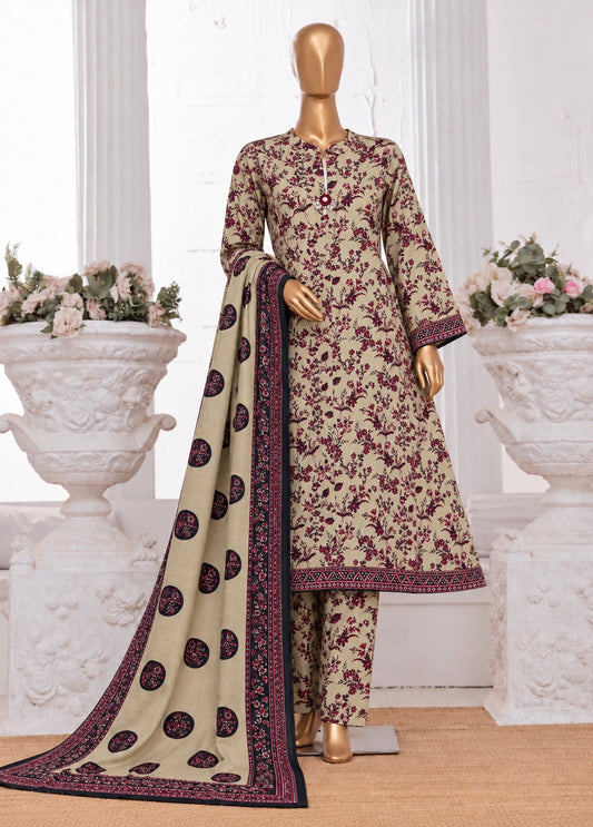 Bin Saeed stitched 3-piece printed Khaddar frock set in beige with maroon floral print and matching dupatta