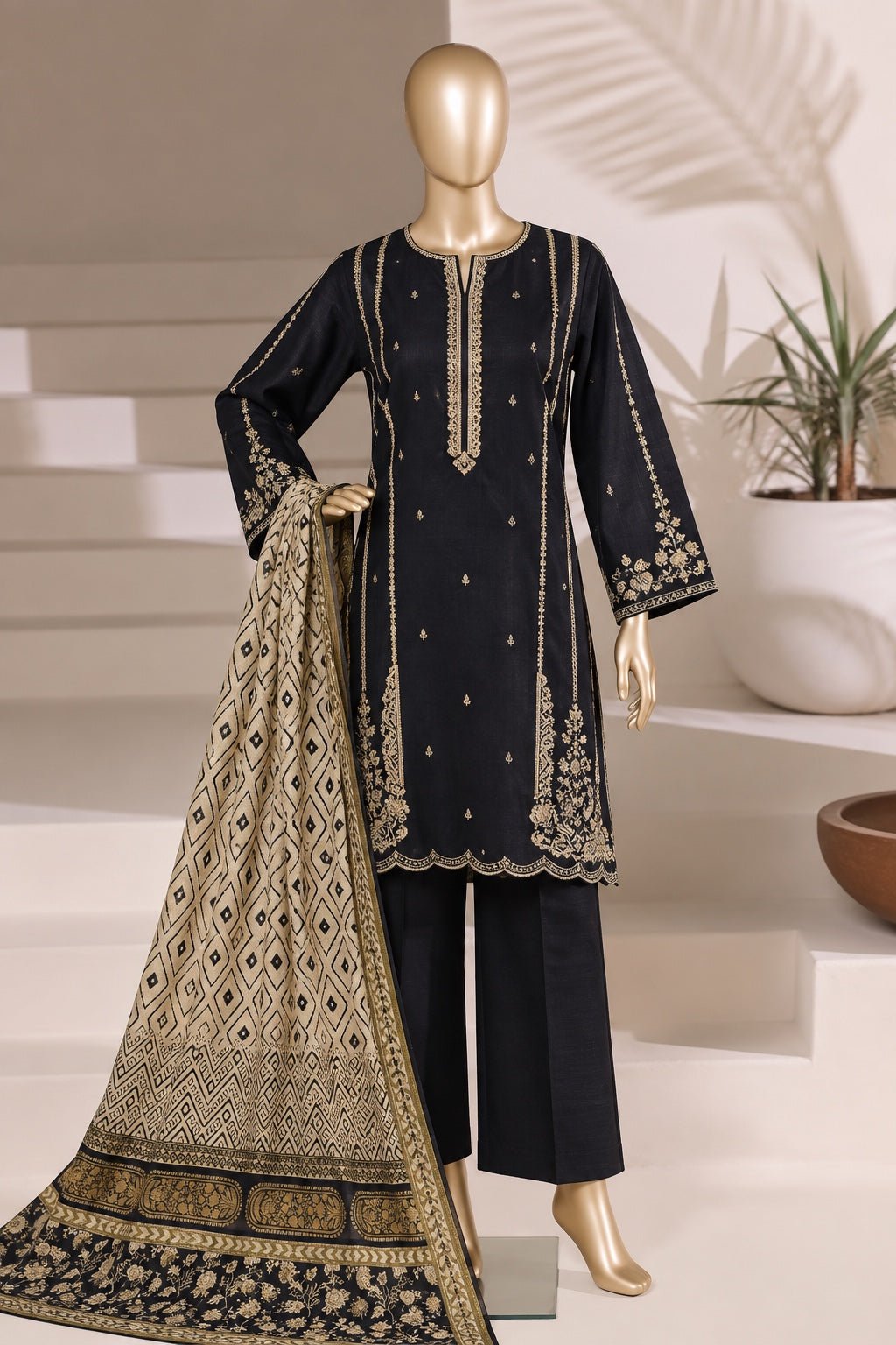 BIN SAEED | Stitched 3 Pc Embroidered Khaddar — Black & Gold | Premium Winter Dress - BarerahFabrics