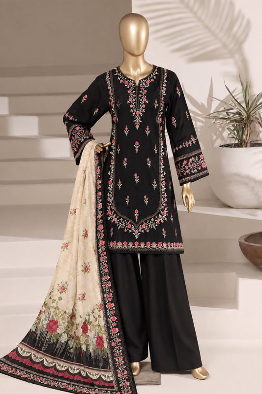 BIN SAEED | Stitched 3 Pc Embroidered Khaddar — Black | Premium Winter Dress - BarerahFabrics