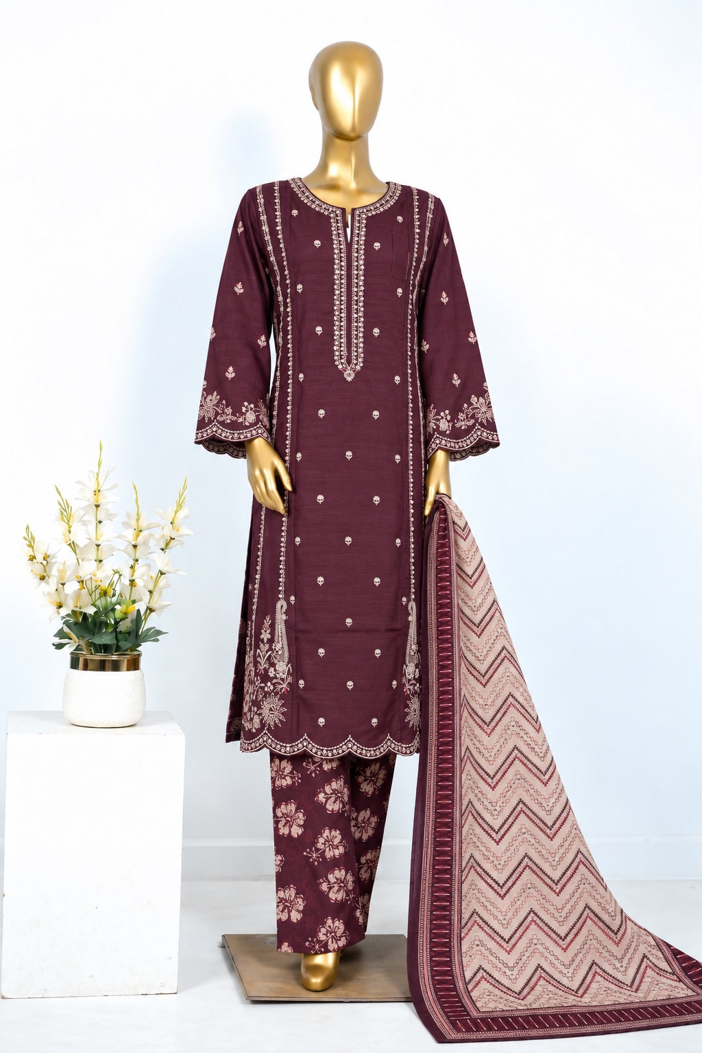 BIN SAEED stitched 3 piece embroidered Khaddar - Burgundy