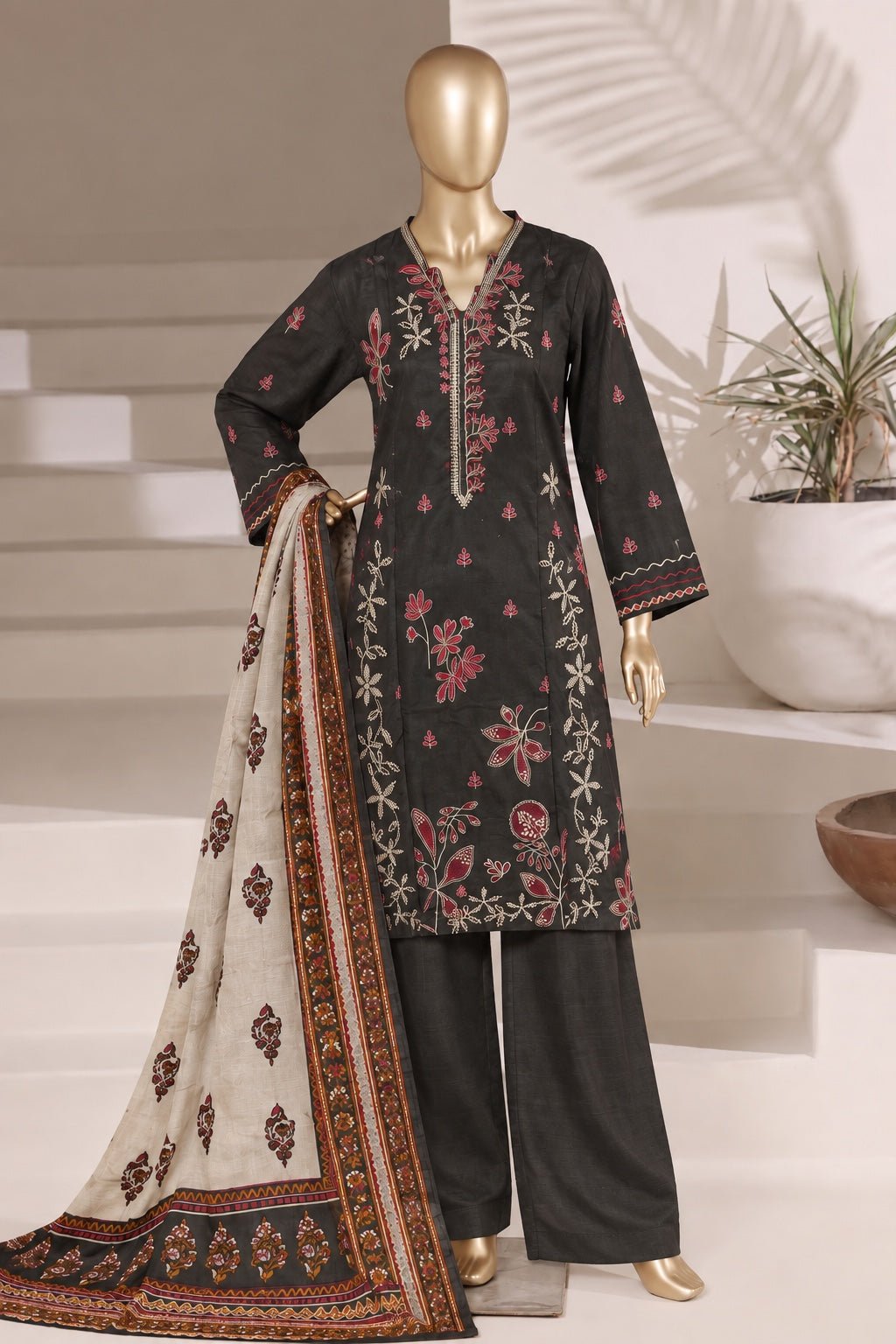 BIN SAEED | Stitched 3 Pc Embroidered Khaddar — Charcoal Grey | Premium Winter Dress - BarerahFabrics