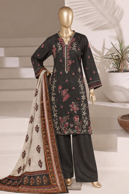 BIN SAEED | Stitched 3 Pc Embroidered Khaddar — Charcoal Grey | Premium Winter Dress - BarerahFabrics
