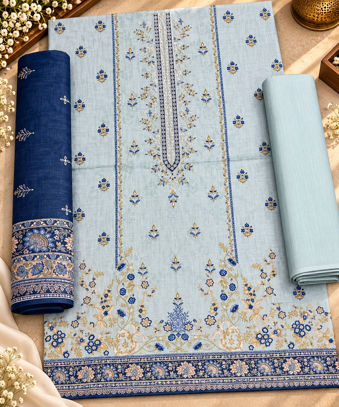 Bin Saeed embroidered 3-piece Khaddar suit in ice blue