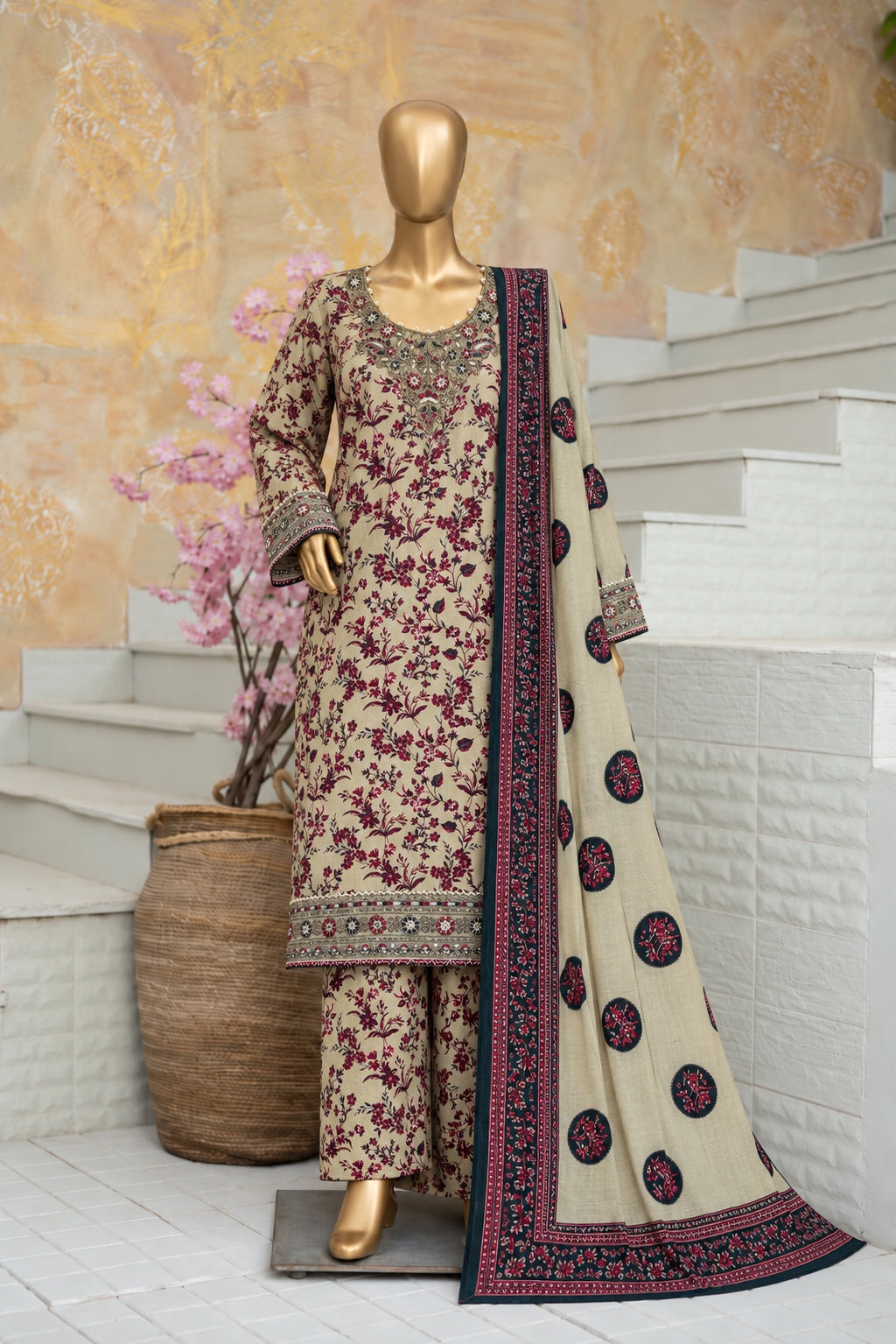 BIN SAEED beige and maroon embroidered khaddar 3-piece shalwar kameez