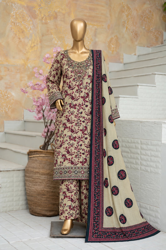 BIN SAEED beige and maroon embroidered khaddar 3-piece shalwar kameez