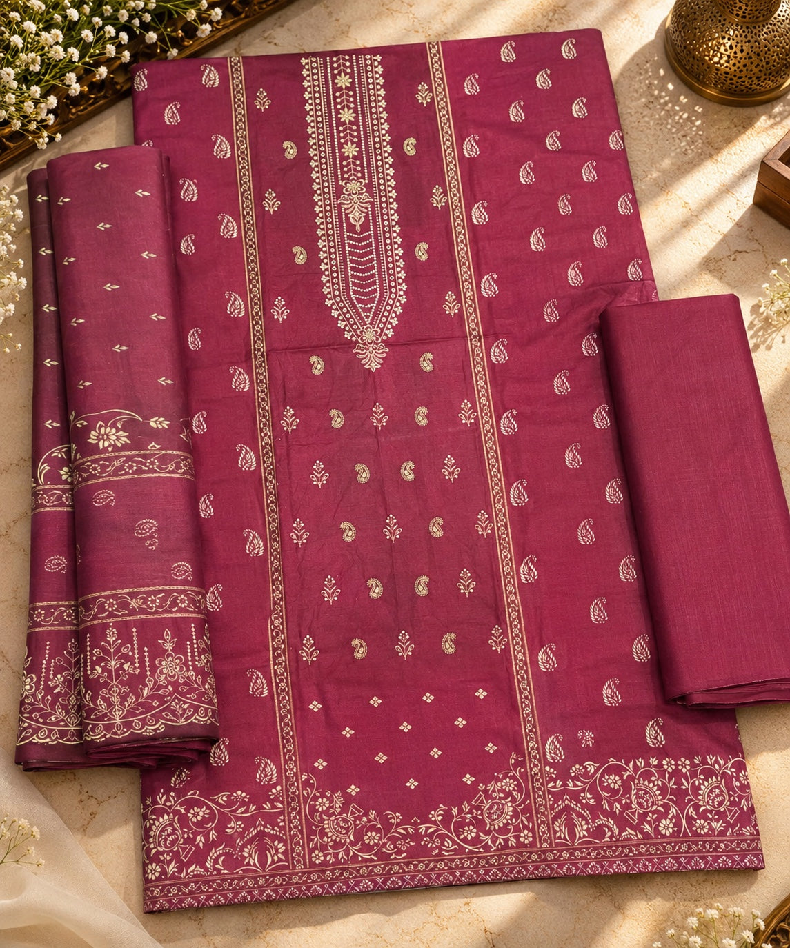 Bin Saeed embroidered 3-piece Khaddar suit in maroon