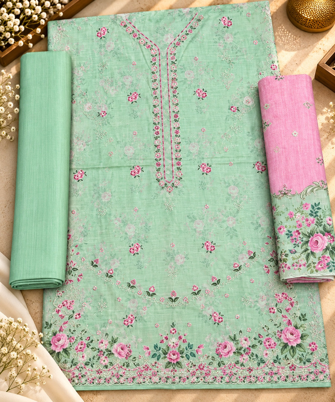 Bin Saeed embroidered 3-piece Khaddar suit in mint green and pink
