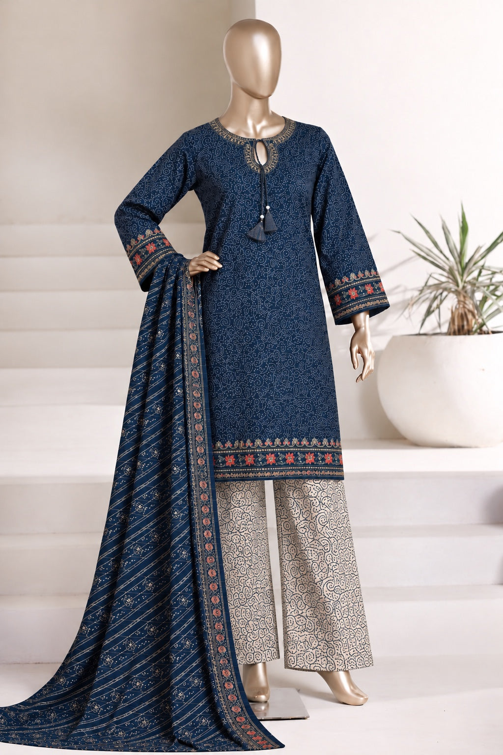 BIN SAEED embroidered khaddar suit in navy blue