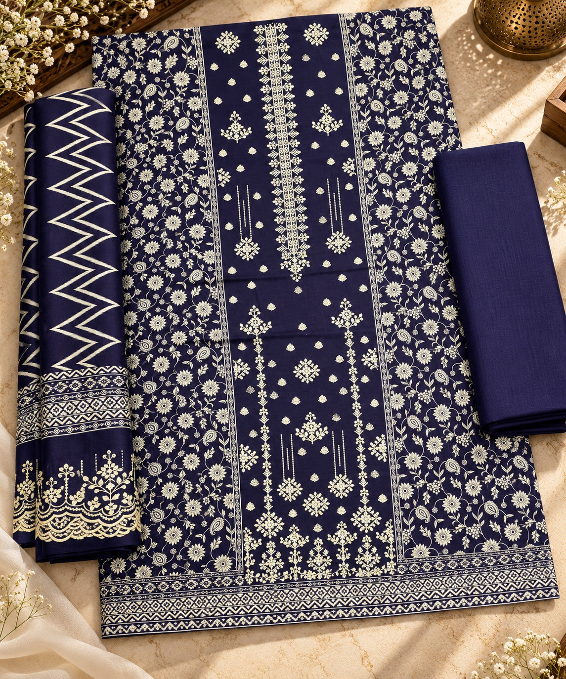 Bin Saeed embroidered 3-piece Khaddar suit in navy blue
