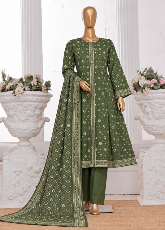 Bin Saeed stitched 3-piece printed Khaddar frock set in olive green with matching dupatta