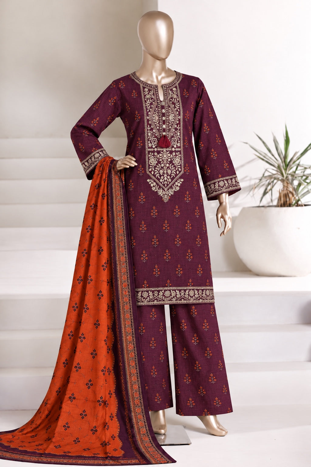 BIN SAEED embroidered khaddar suit in plum purple